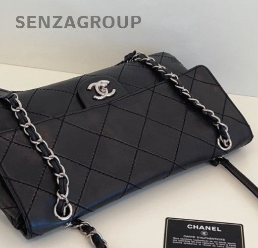 Chanel Classic Flap Chain Shoulder Bag Black Silver Women Fashion