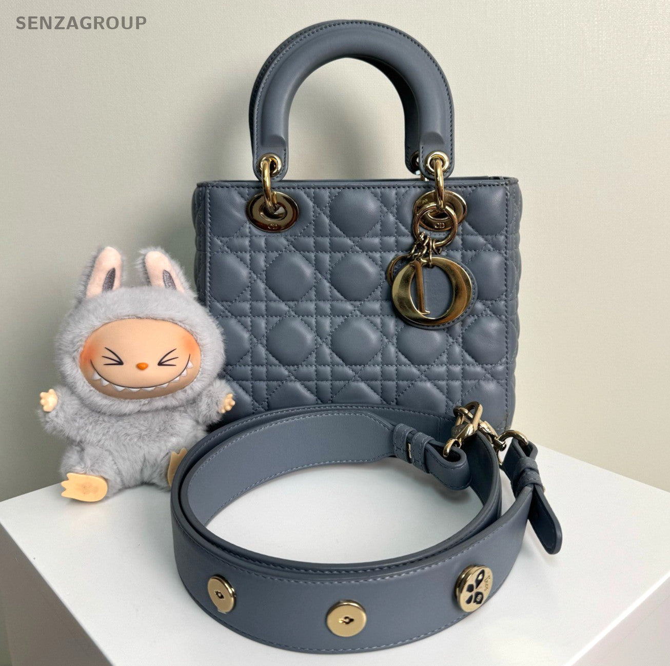 Christian Dior Lady Lambskin Top Handle 2way Shoulder Handbag Haze blue Women