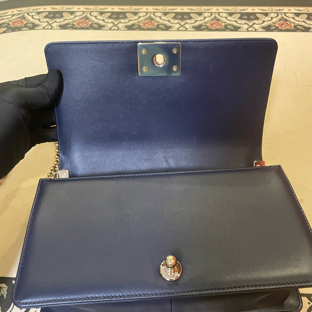 Chanel Leboy MM Lambskin Chain Shoulder Bag Crossbody Blue Gold Women Classic