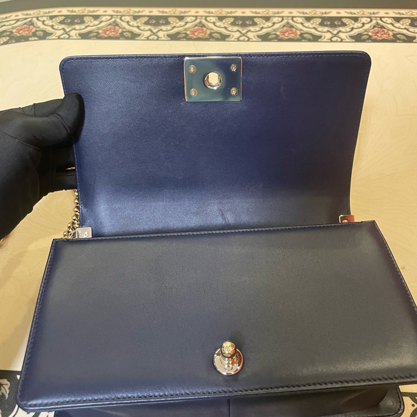 Chanel Leboy MM Lambskin Chain Shoulder Bag Crossbody Blue Gold Women Classic