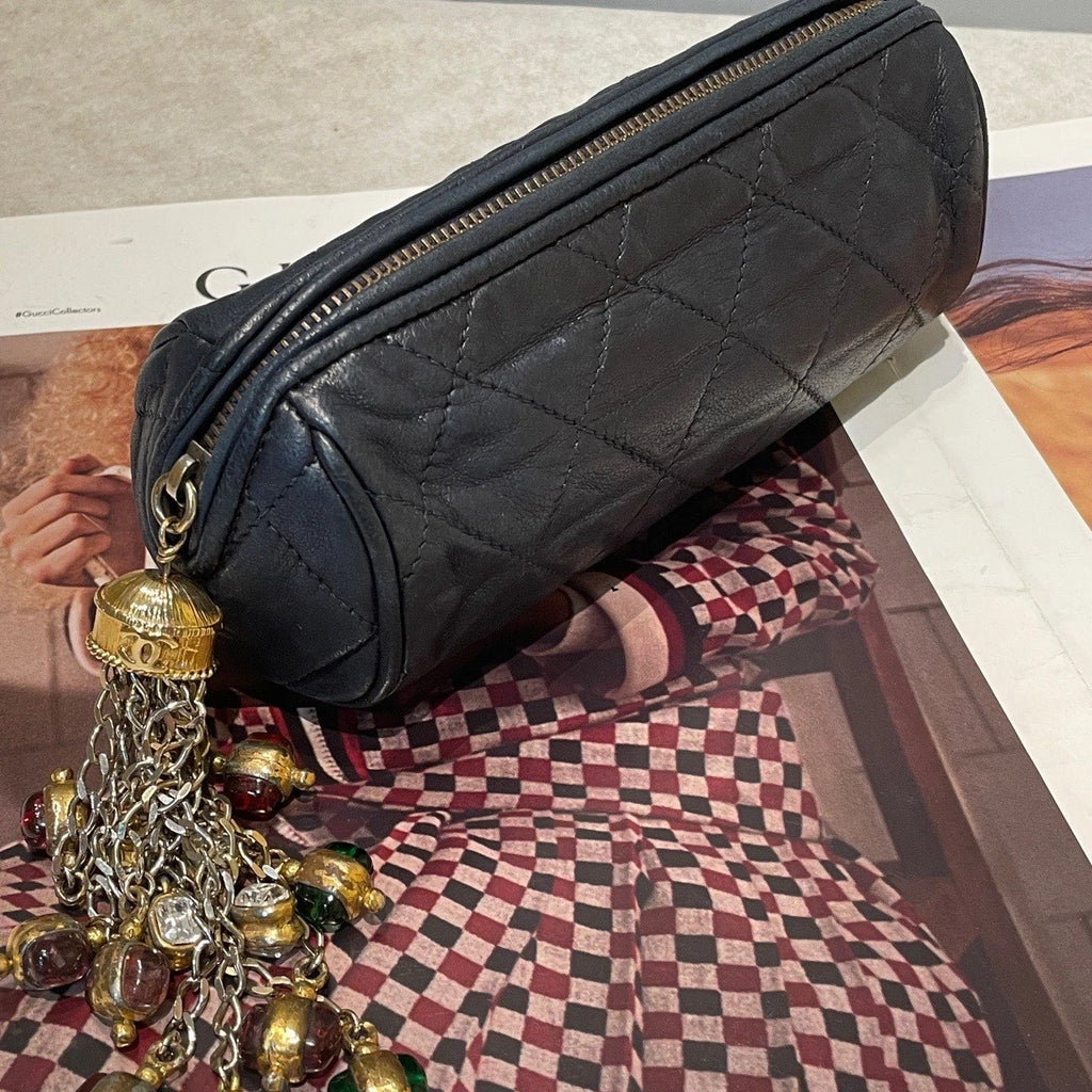 Chanel Diamond Clutch Black Gold Used Women Classic