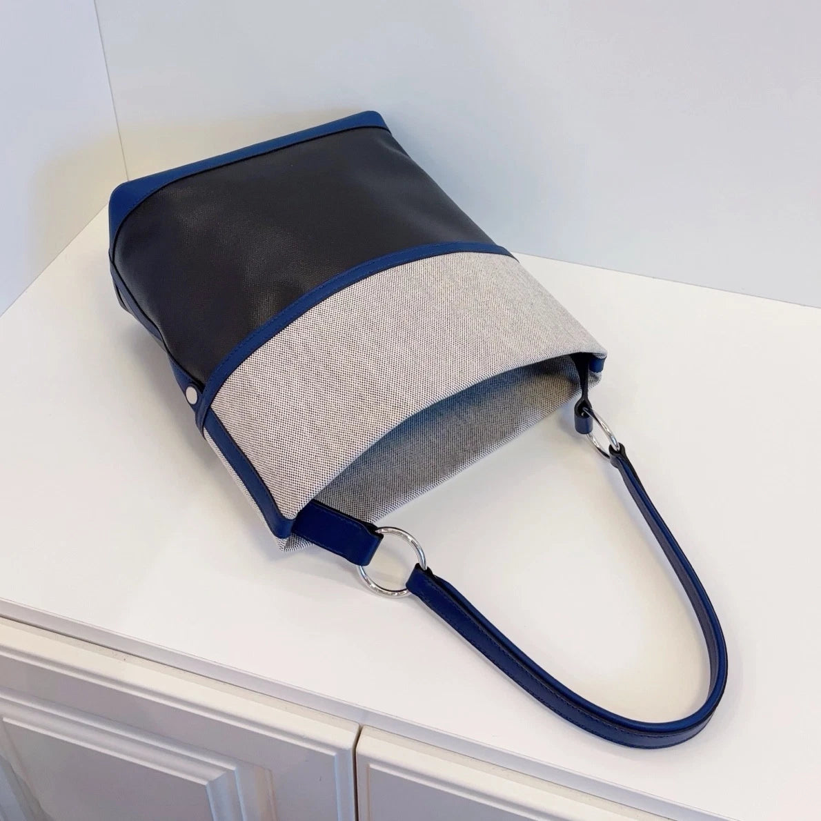Hermes Colroule25 Canvas Bucket Shoulder Bag Black White Silver Unisex Adults