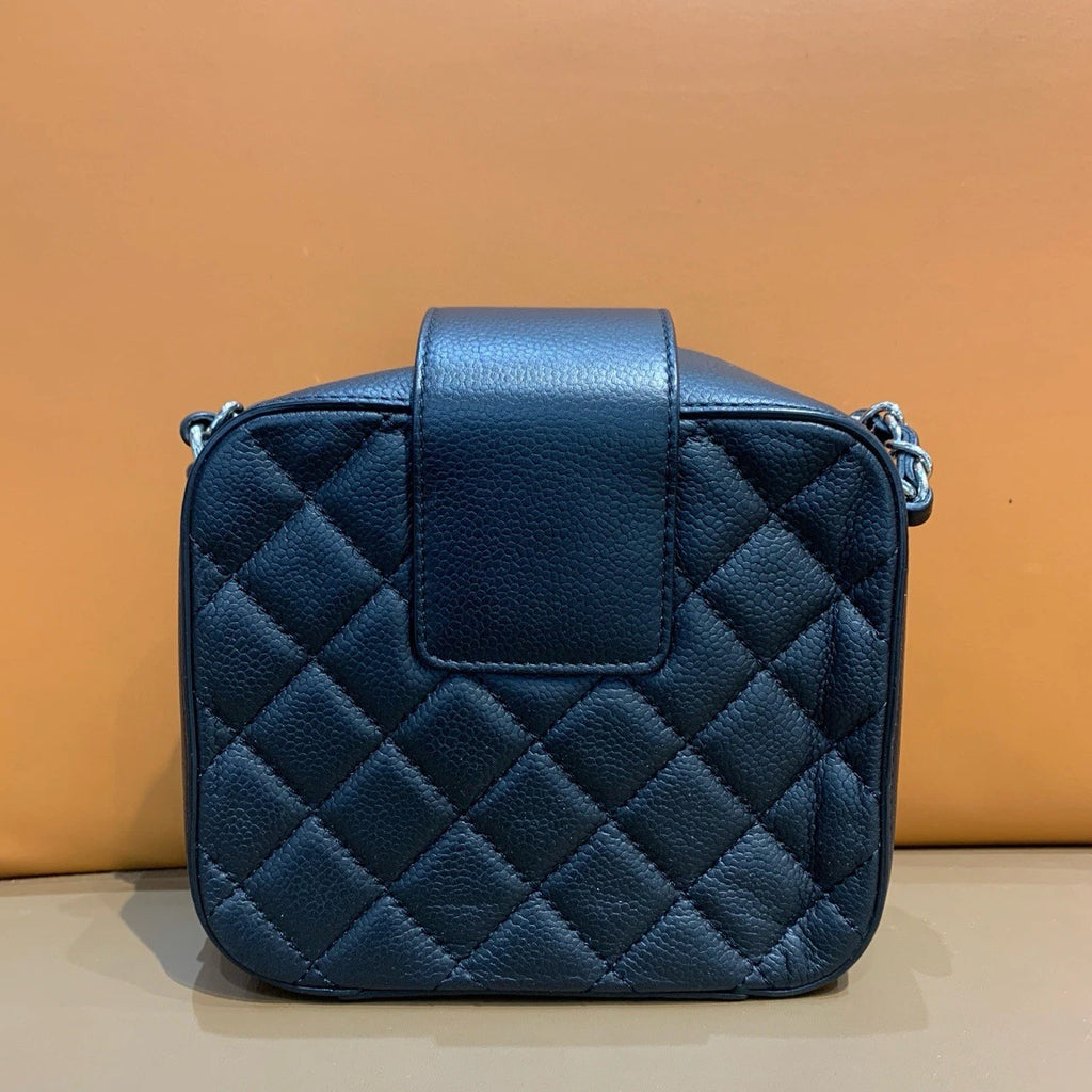Chanel Calfskin Camera Bag Chain Shoulder Crossbody Black Silver Diamond