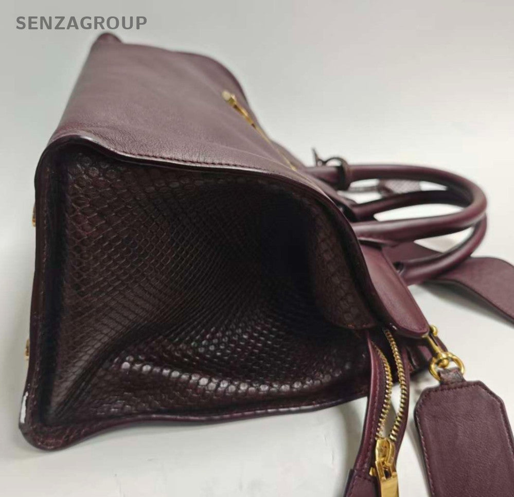 Saint Laurent Snakeskin 2Way Top Handle Bag Crossbody Red Gold Women Classic