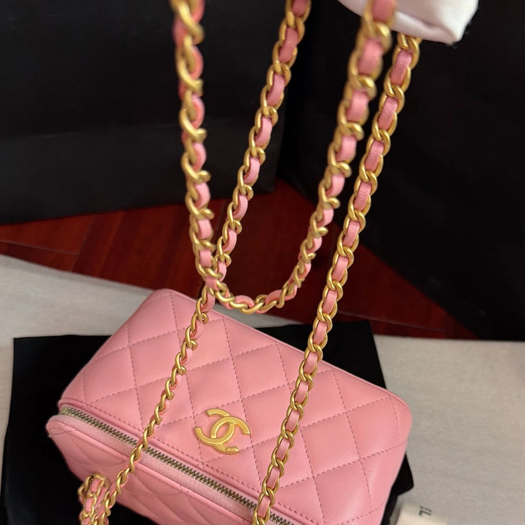 Chanel Vanity Case Diamond Chain Crossbody Top Handle Bag Pink Gold Women
