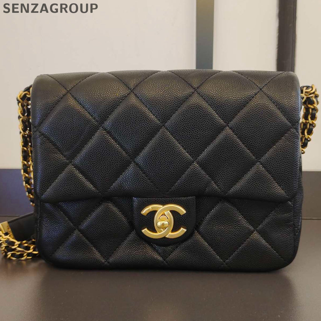 Chanel Classic Flap Square Mini Calfskin Chain Shoulder Bag Black Gold