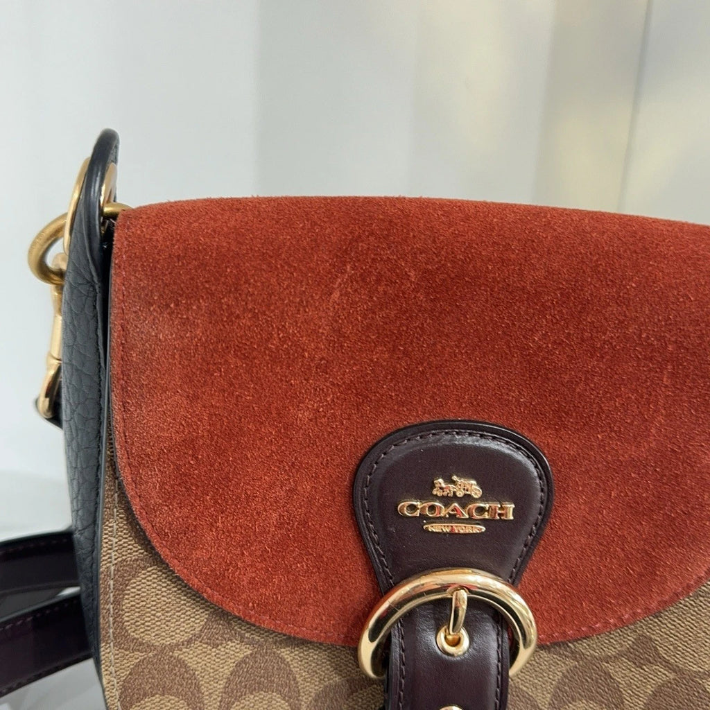 Coach Brown Suede Monogram Shoulder Crossbody Handbag For Women