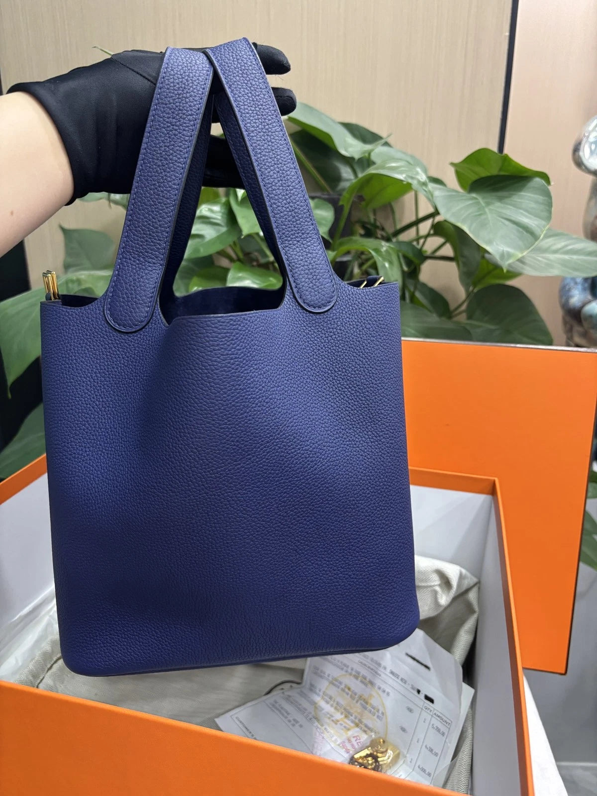 Hermes Picotion22 Bucket Top Handle Bag Blue Gold Used Women Classic