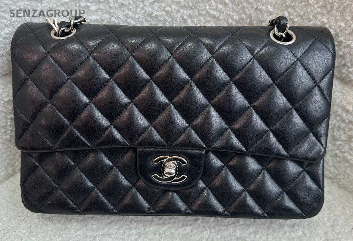 Chanel Classic Flap MM Chain Shoulder Bag Black Silver Women Designer Diamond