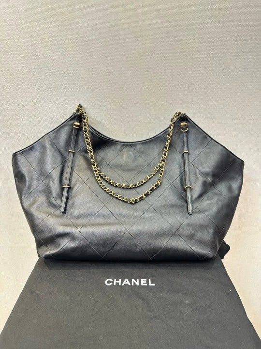 CHANEL 25s Maxi Tote Shopping Bag Black Gold Soft Calfskin Women
