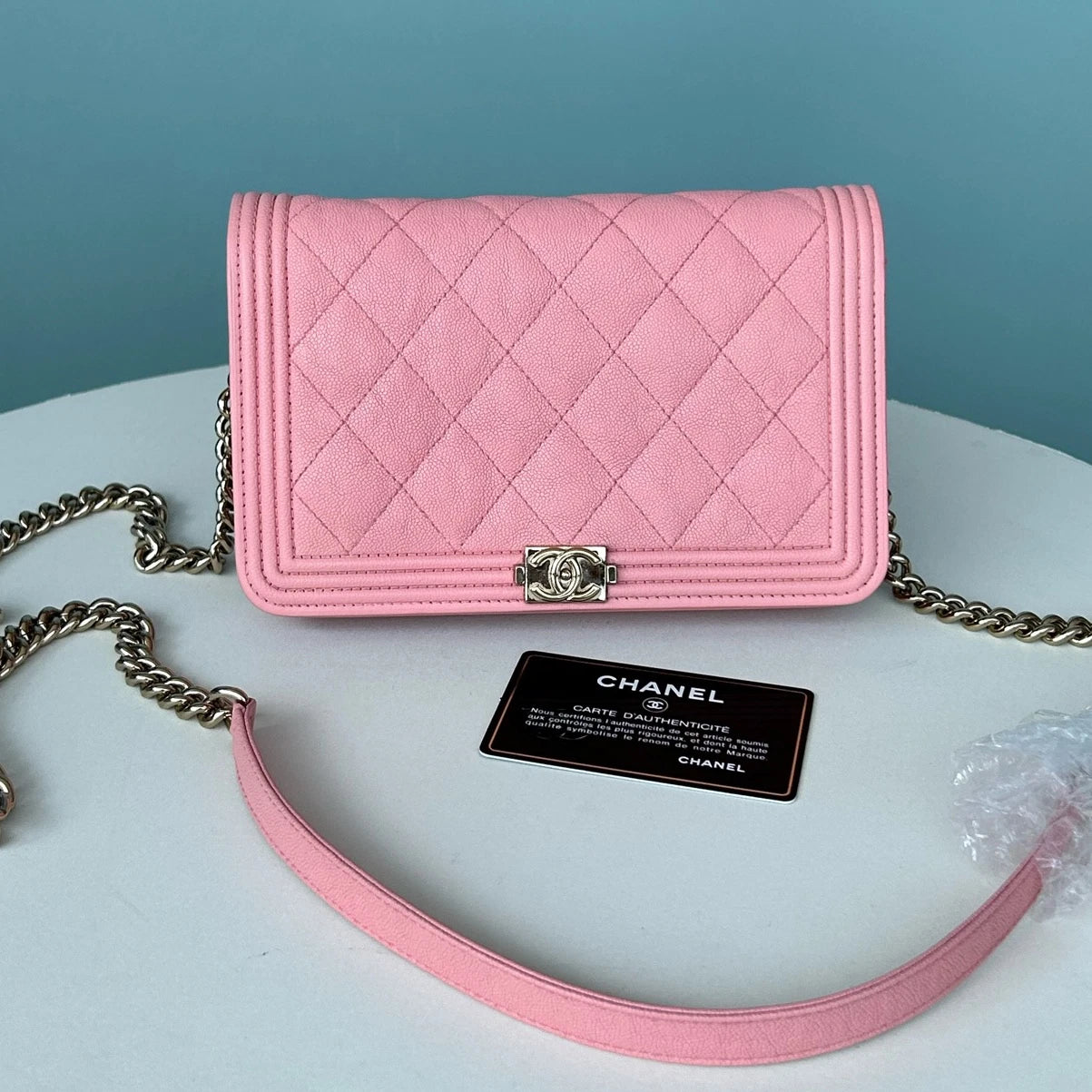 Chanel Leboy WOC Chain Calfskin Shoulder Crossbody Pink Silver Women Classic