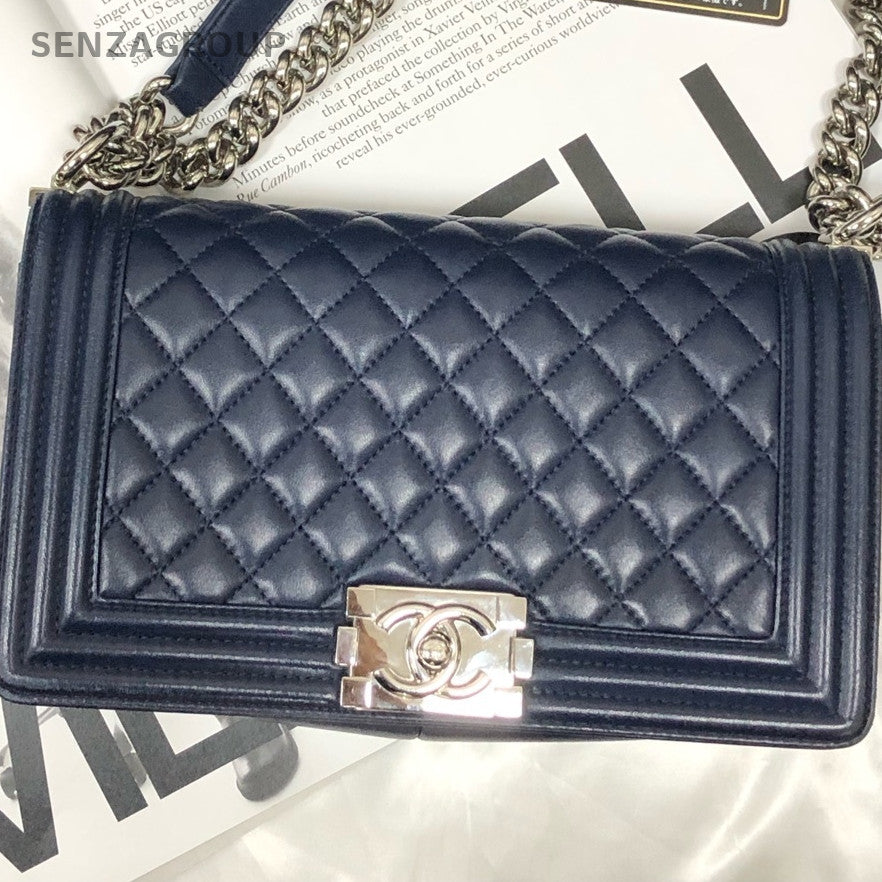 Chanel Lambskin Blue Silver Hardware Medium Boy Bag Chain Shoulder Crossbody