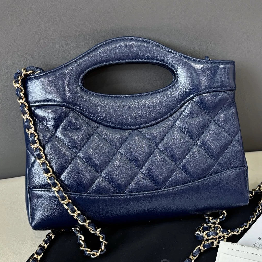 Chanel 31Bag Nano Chain Top Handle Crossbody Blue Gold Diamond Women Classic