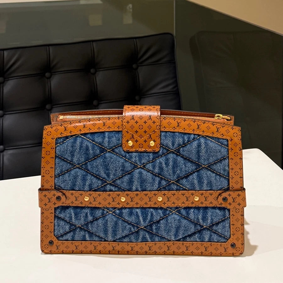 Louis Vuitton Denim Soft Trunk Blue Brown Crossbody Bag Women
