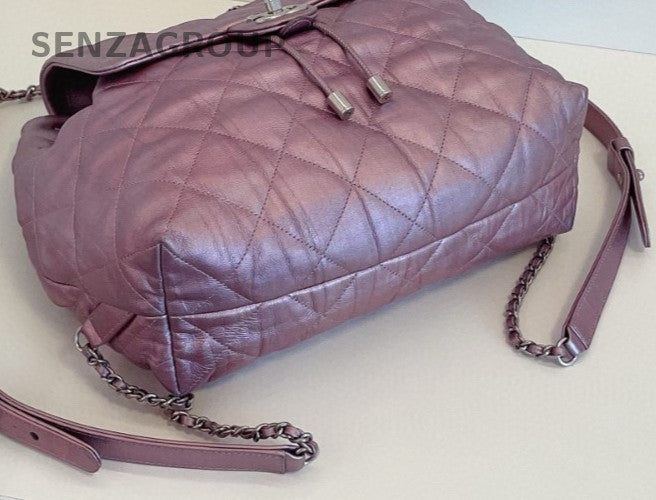 Chanel Calfskin Diamond Pattern Backpack Purple Used Women Classic Designer