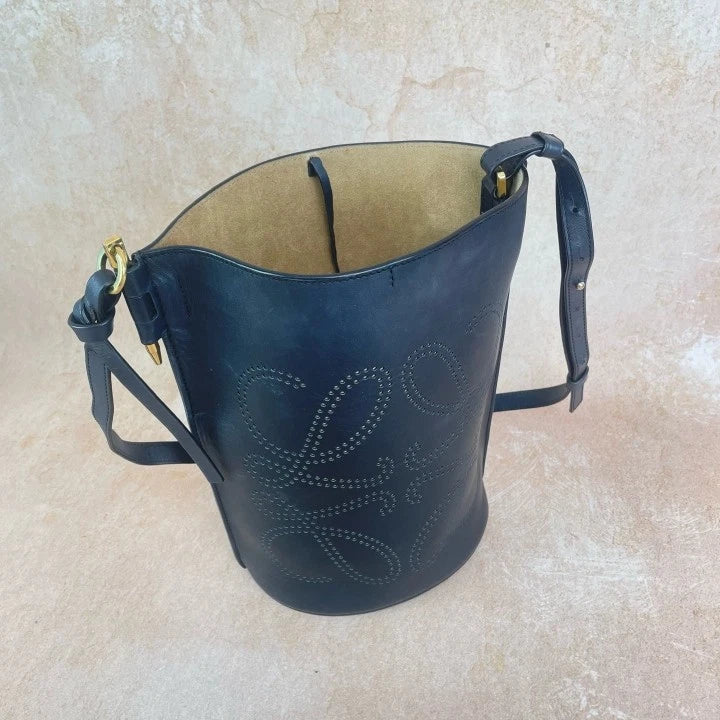 Loewe Black Leather Cutout Gate Bucket Crossbody Bag For Women