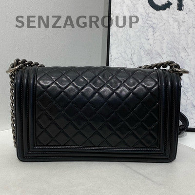 Chanel Le Boy Black Silver Lambskin Chain Shoulder Bag Medium Classic Quilted