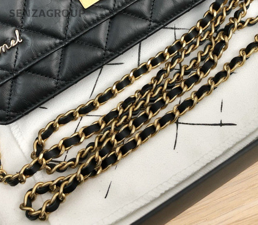 Chanel 2.55 Chain Shoulder Bag Crossbody Black Gold Women Classic Diamond