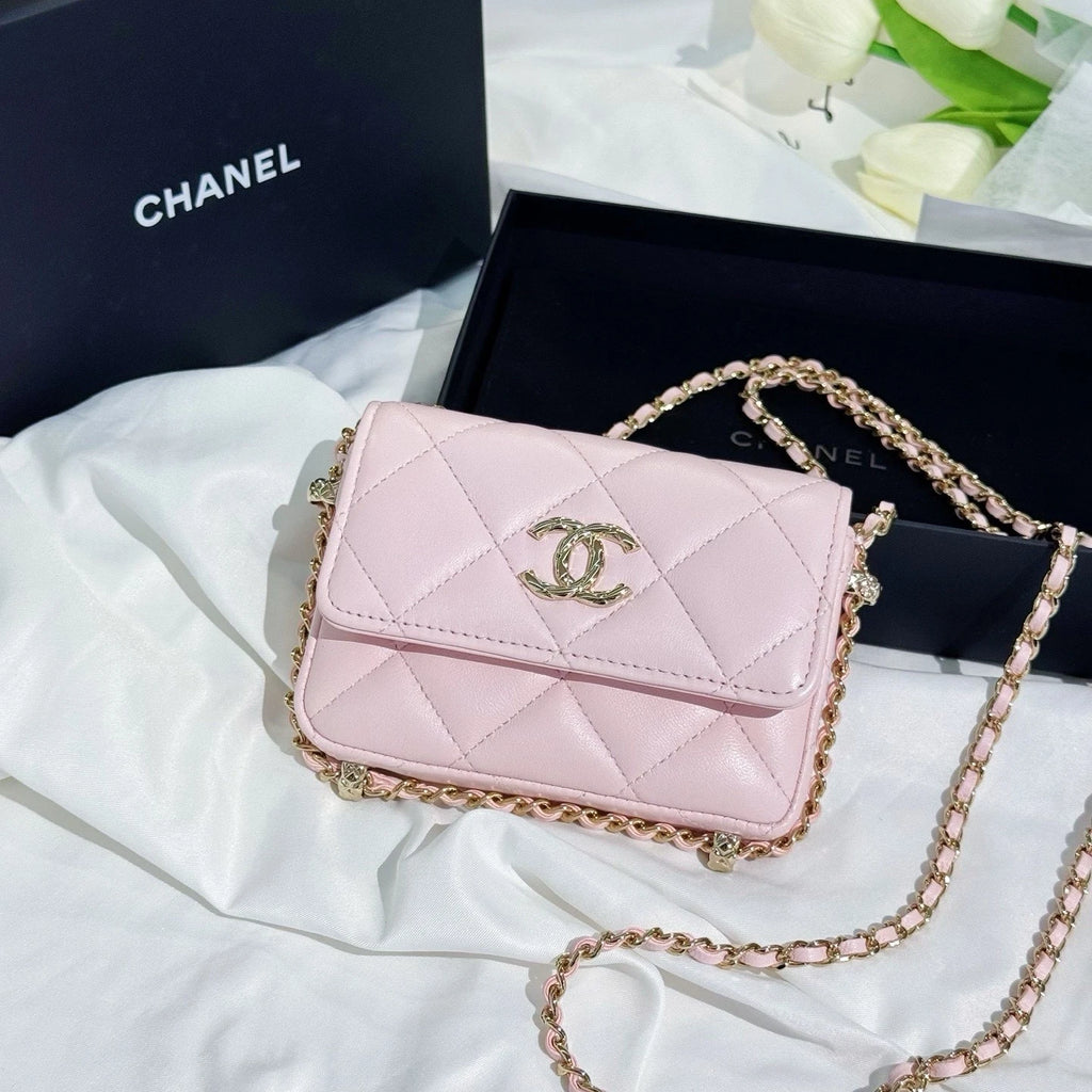 CHANEL Pink Leather Mini Chain Crossbody Bag For Women