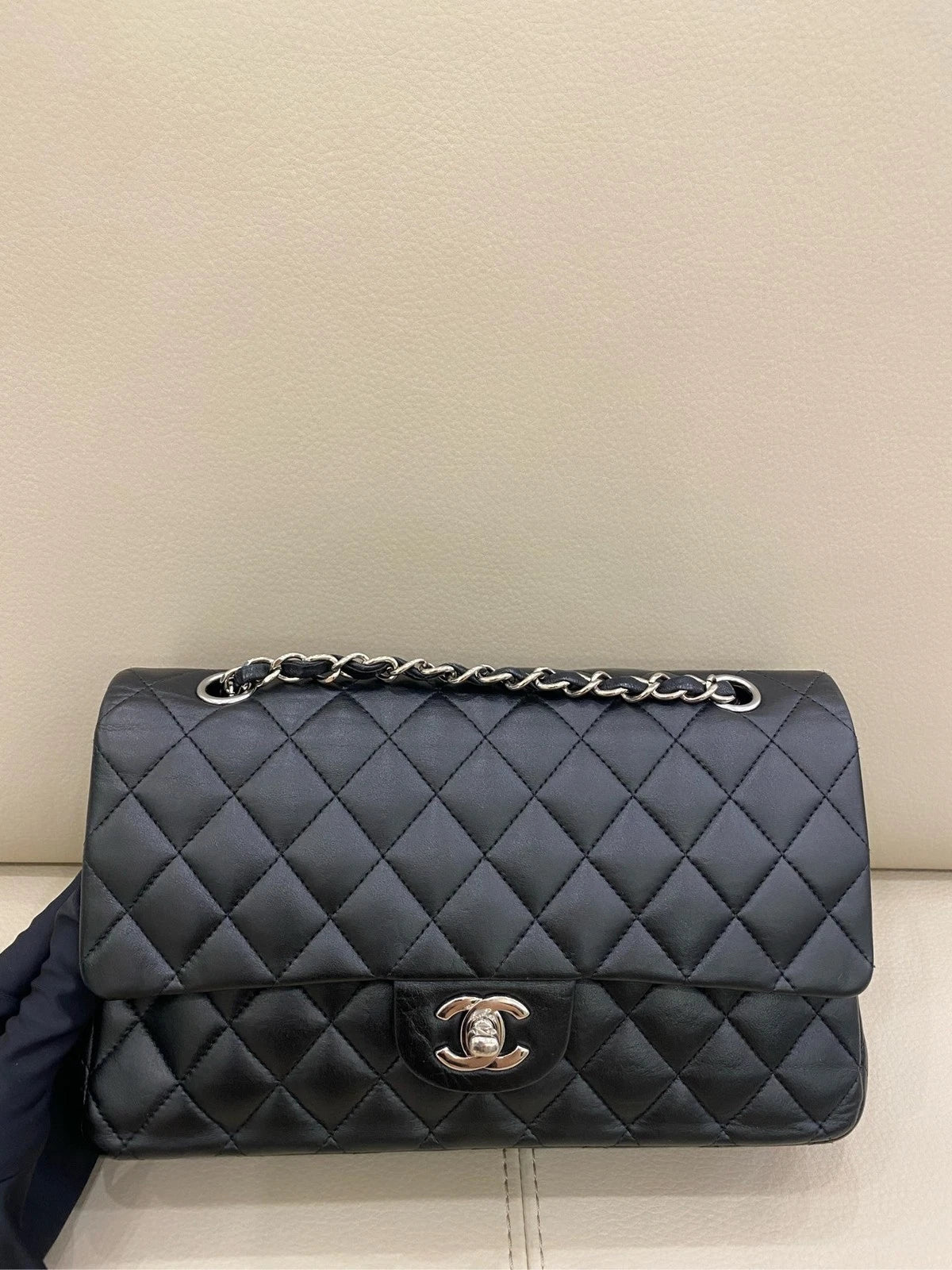 CHANEL CF Medium Black Silver Lambskin Shoulder Bag For Women
