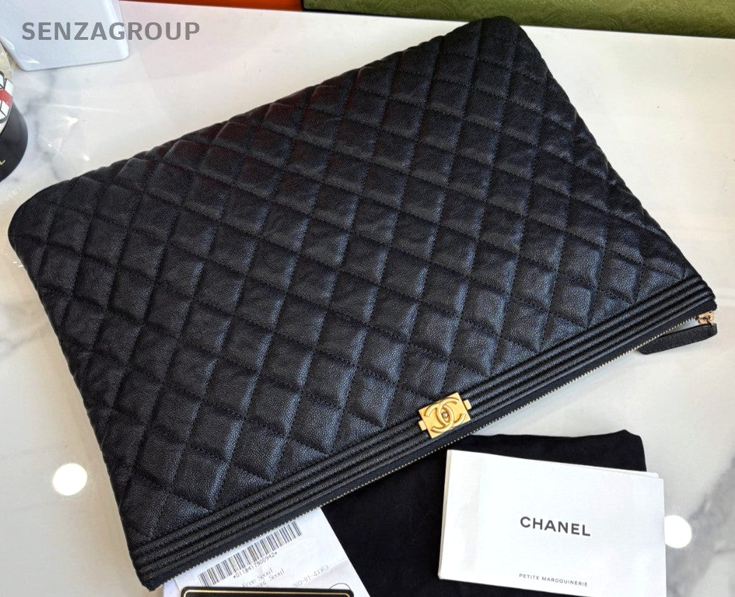 CHANEL Leboy Calfskin Clutch Handbag Black Gold Almost Brand NEW