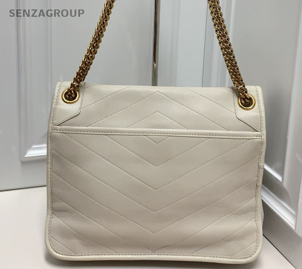 Saint Laurent Niki MM Lambskin Chain Shoulder Bag White Gold Women Classic