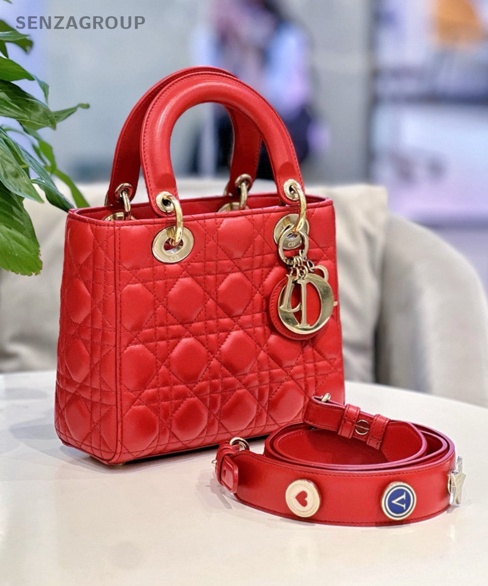 Christian Dior Lady Dior 2Way Crossbody Shoulder Bag Red Gold Women Classic
