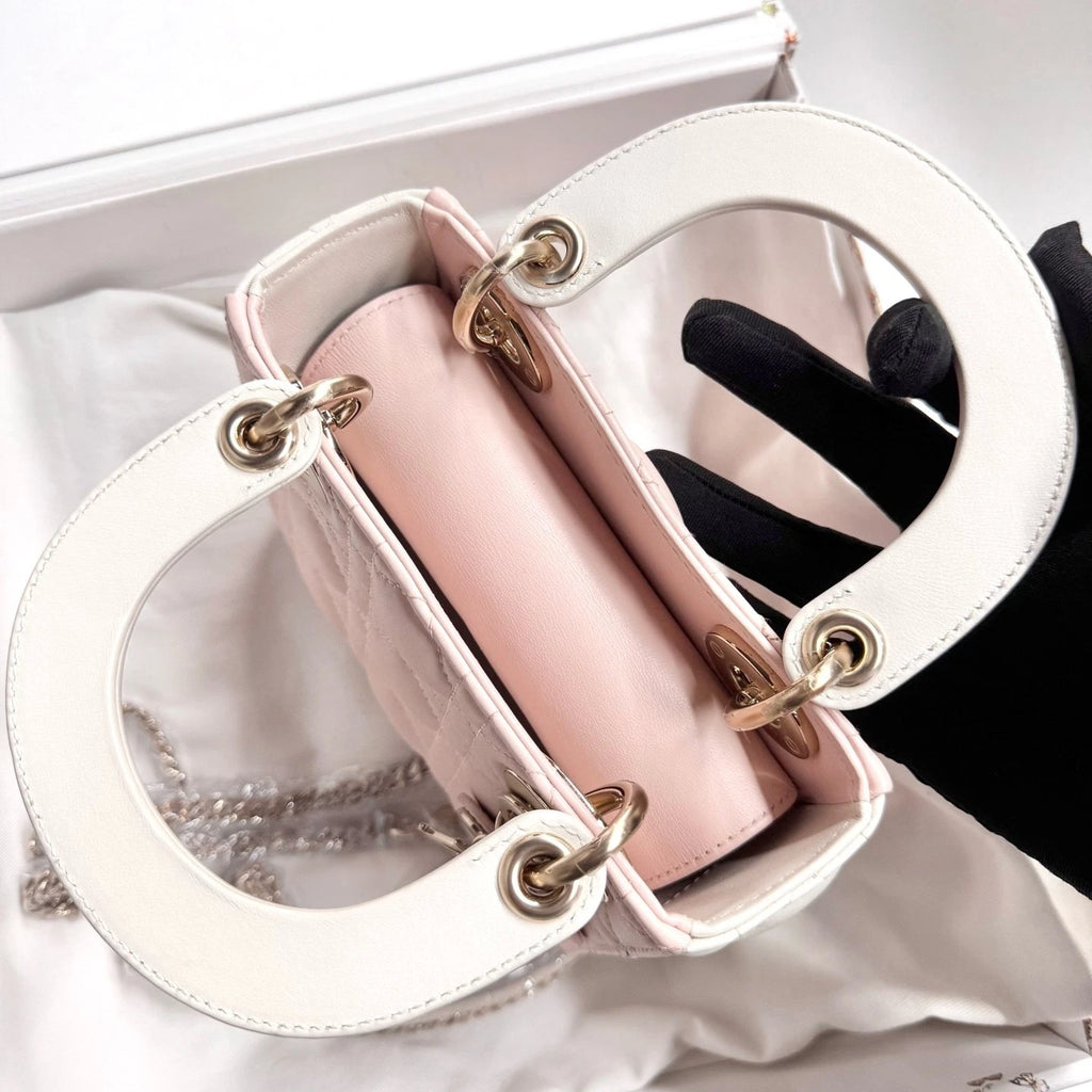 Dior Lady Dior Leather Pink White Top Handle Excellent