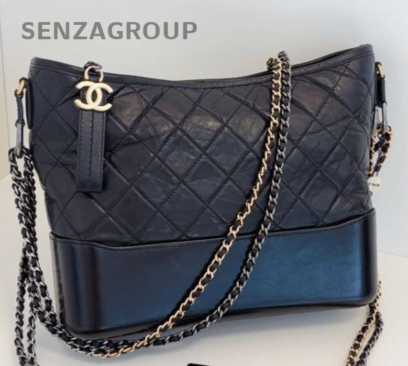 Chanel Gabrielle MM Chain Shoulder Bag Crossbody Black Gold Diamond Women