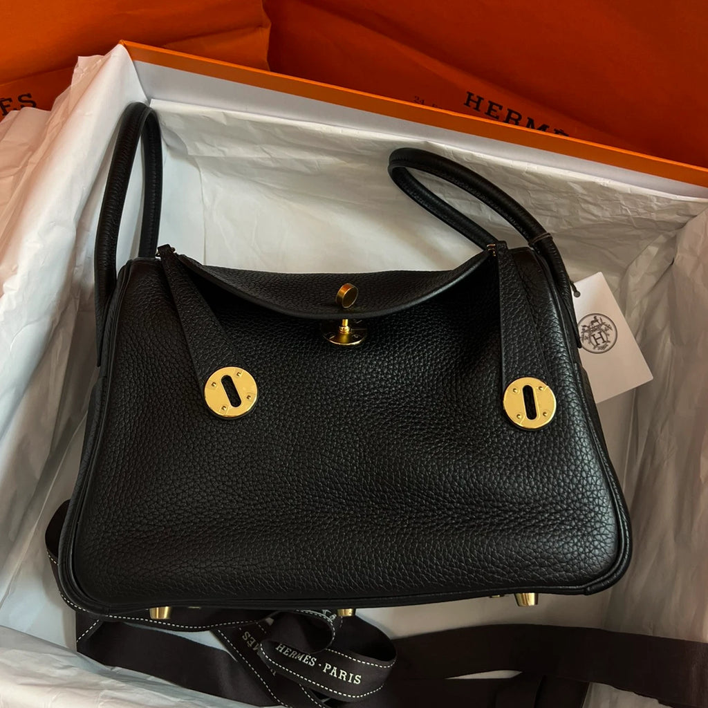 Hermes Lindy26 Top Handle Shoulder Bag Black Gold Women Classic Fashion
