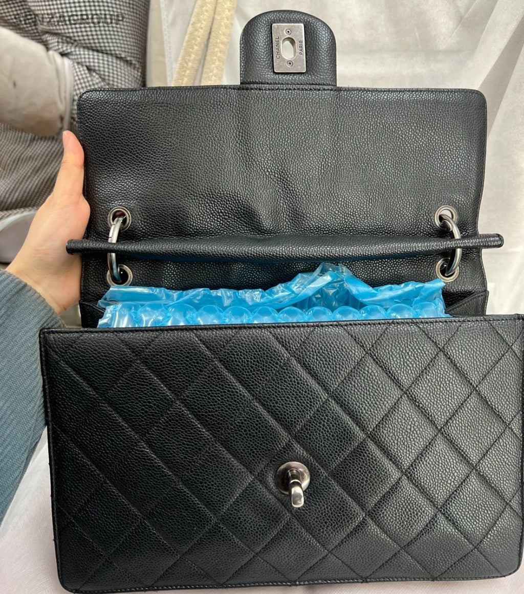 Chanel Diamond Calfskin Chain Shoulder Bag Black Silver Women Classic