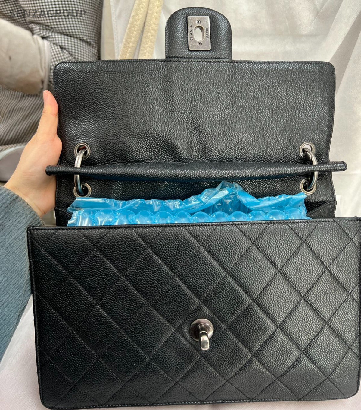 Chanel Diamond Calfskin Chain Shoulder Bag Black Silver Women Classic