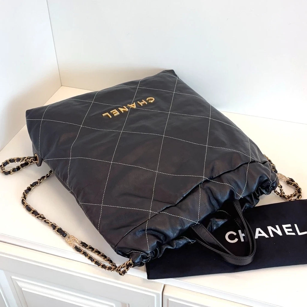 Chanel 22Bag Chain Backpack Black Gold Diamond Women Classic