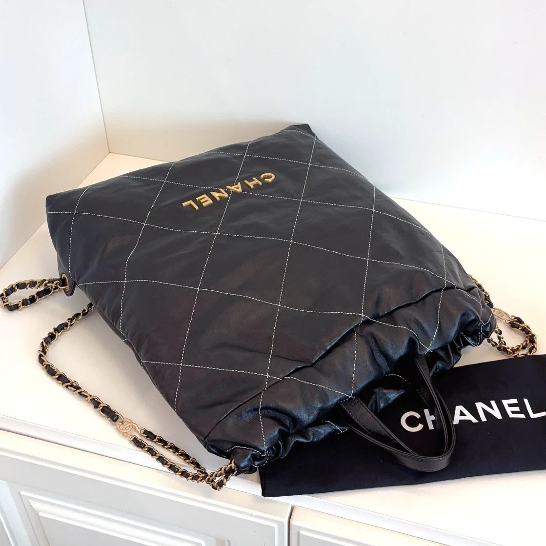 Chanel 22Bag Chain Backpack Black Gold Diamond Women Classic