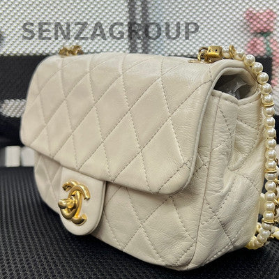 Chanel Classic Flap Mini Square Bag White Gold Chain Shoulder Crossbody