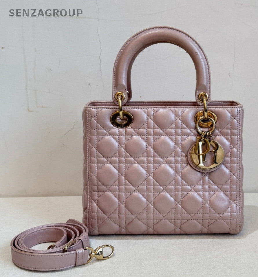 Christian Dior Lady Dior Lambskin Top Handle Bag Crossbody Pink Gold Used Women