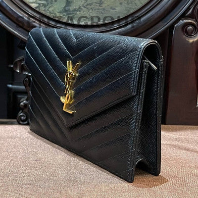 Saint Laurent Black Gold Caviar Envelope Chain Shoulder Crossbody Bag