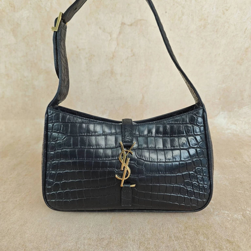 YSL Crocodile Embossed Black Gold Hobo Shoulder Bag For Women
