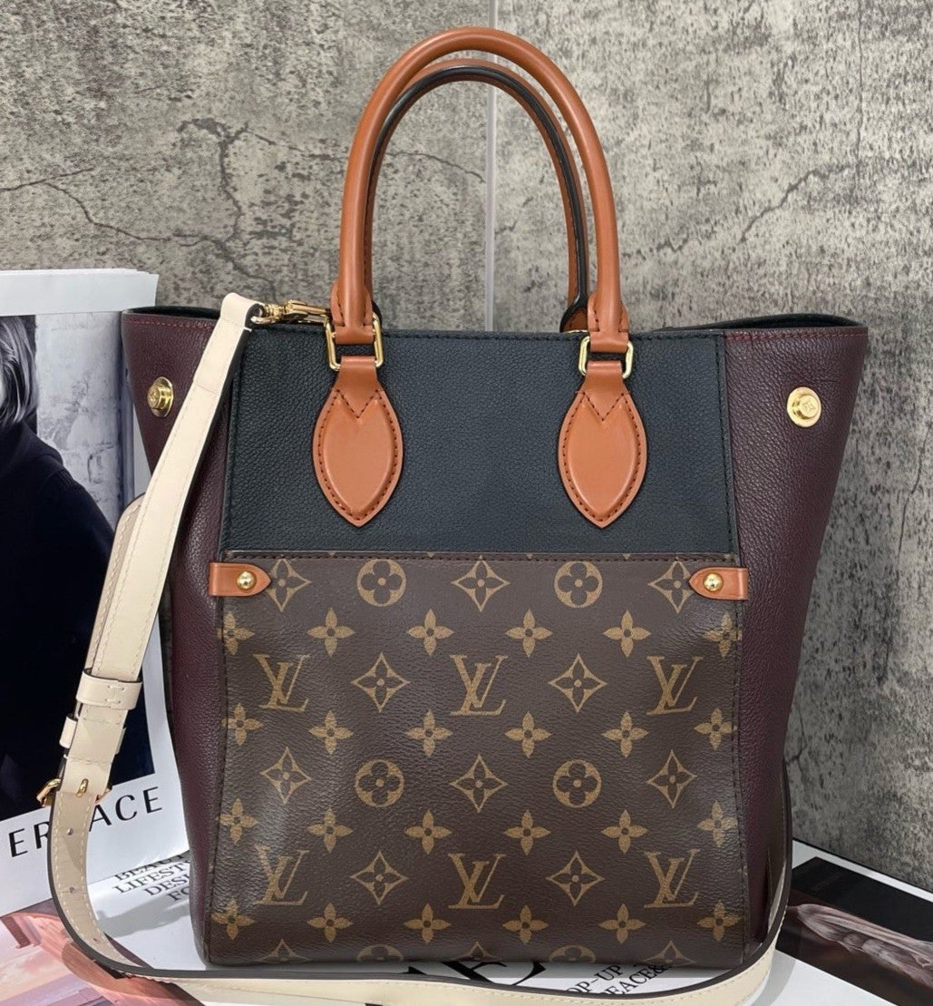 Louis Vuitton Fold Tote MM Monogram Top Handle Bag Brown Gold Women Classic