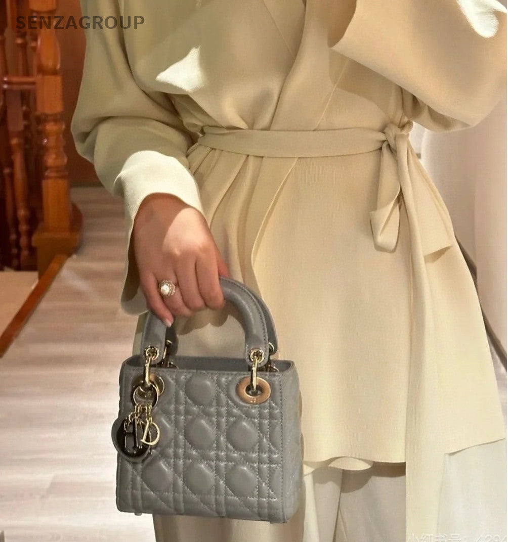 Christian Dior Lady Top Handle 2way Shoulder Handbag Gray Gold Women