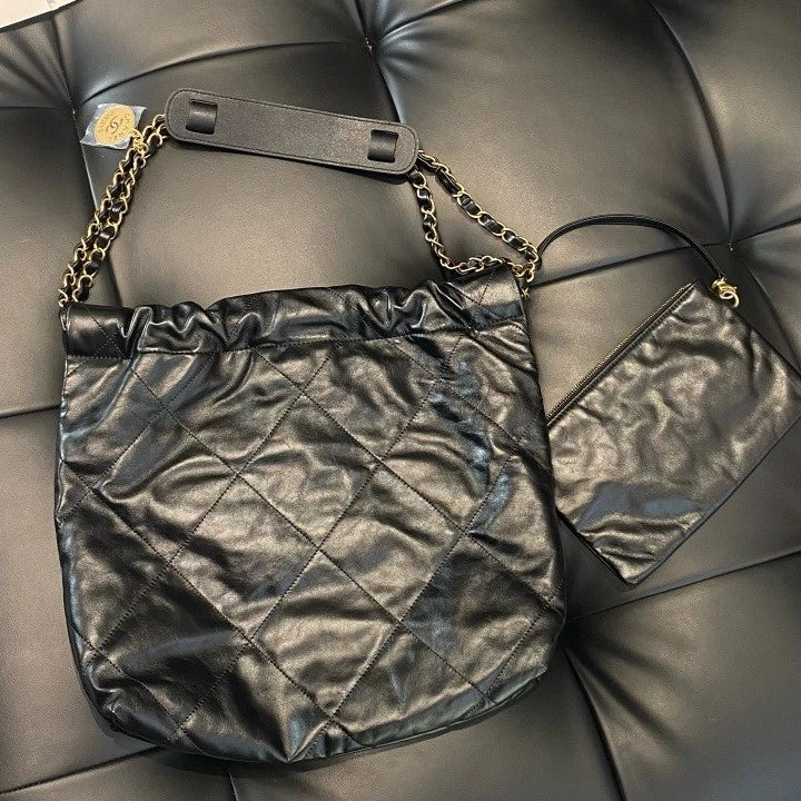 Chanel 22Bag PM Calfskin Chain Shoulder Bag Black Gold Hardware Women D