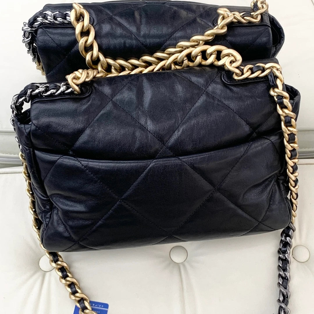 Chanel 19Bag MM Goatskin Chain Shoulder Crossbody Bag Black Gold Women S