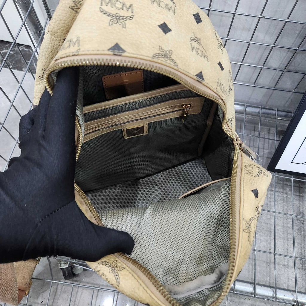 MCM Beige Monogram Studded Backpack For Women