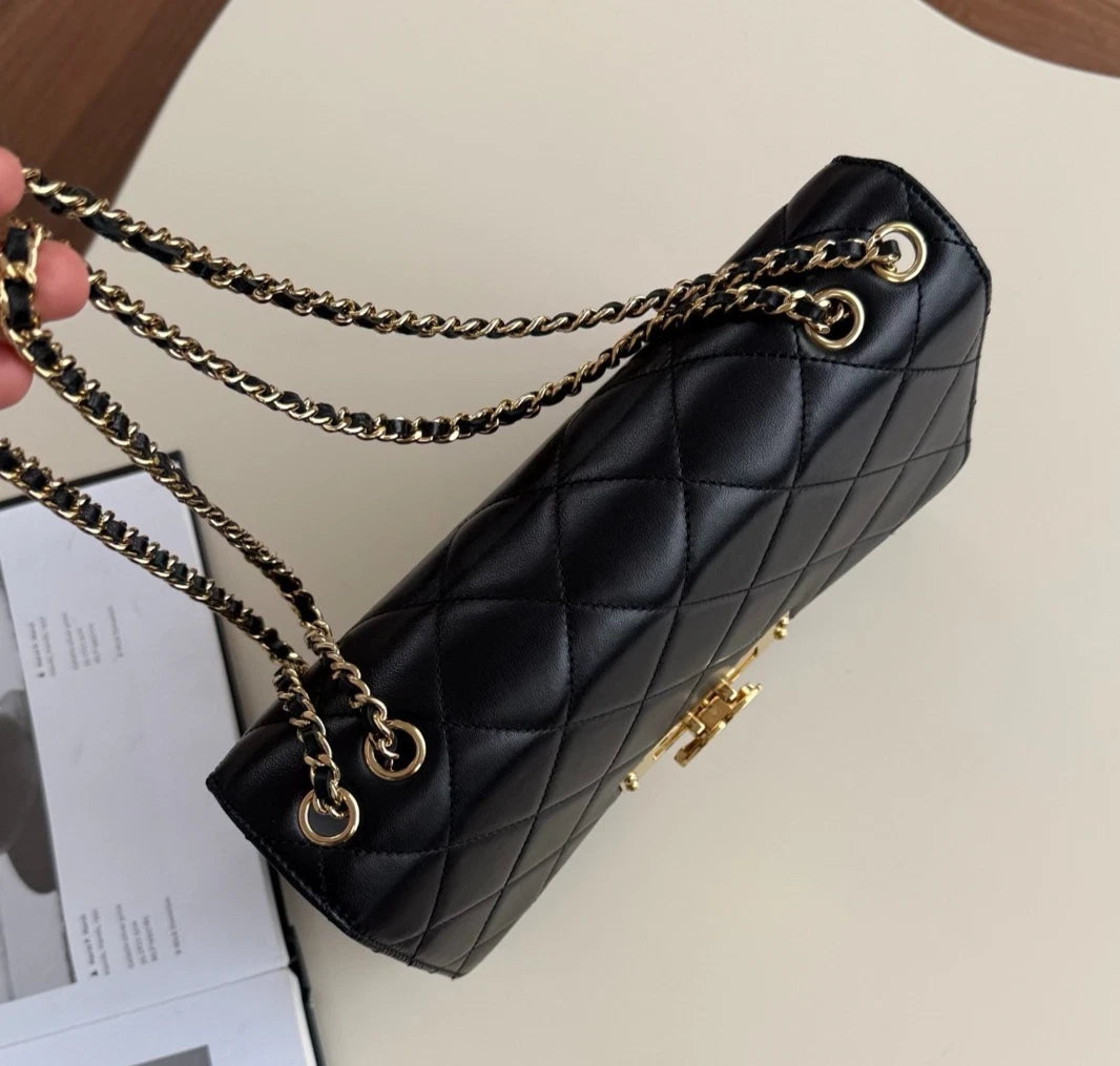 Chanel Metropolitan Diamond Chain Shoulder Crossbody Black Gold Women Classic