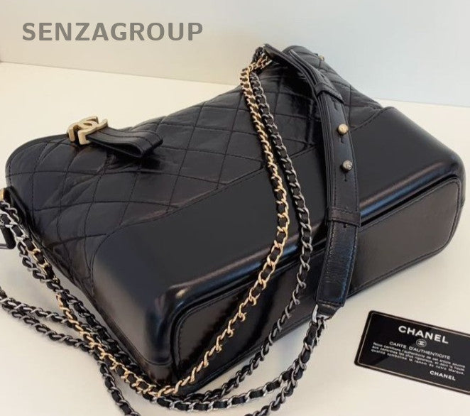 Chanel Gabrielle MM Chain Shoulder Bag Crossbody Black Gold Diamond Women