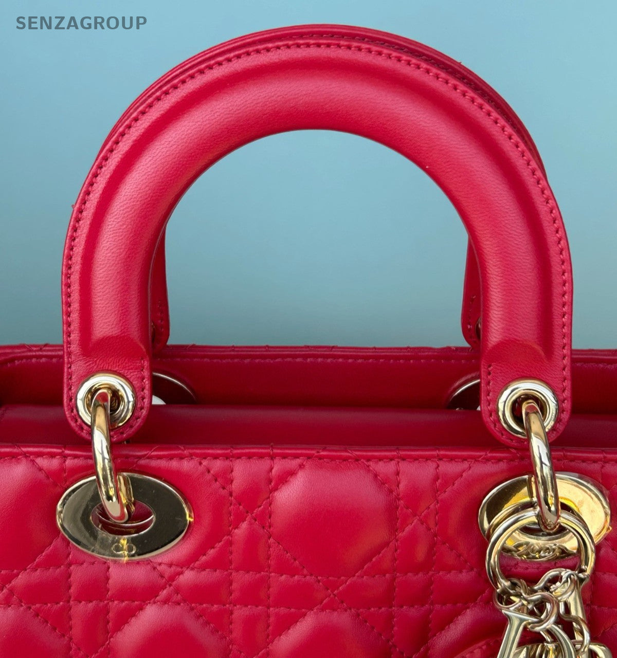 Christian Dior Lady Dior 2Way Top Handle Bag Crossbody Red Gold Women Classic