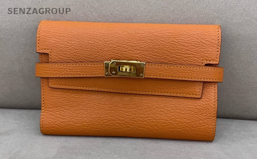 Hermes Kelly Long Wallet Lambskin Orange Gold Women