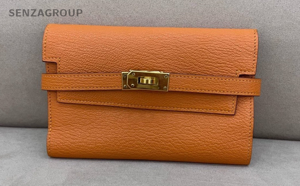 Hermes Kelly Long Wallet Lambskin Orange Gold Women