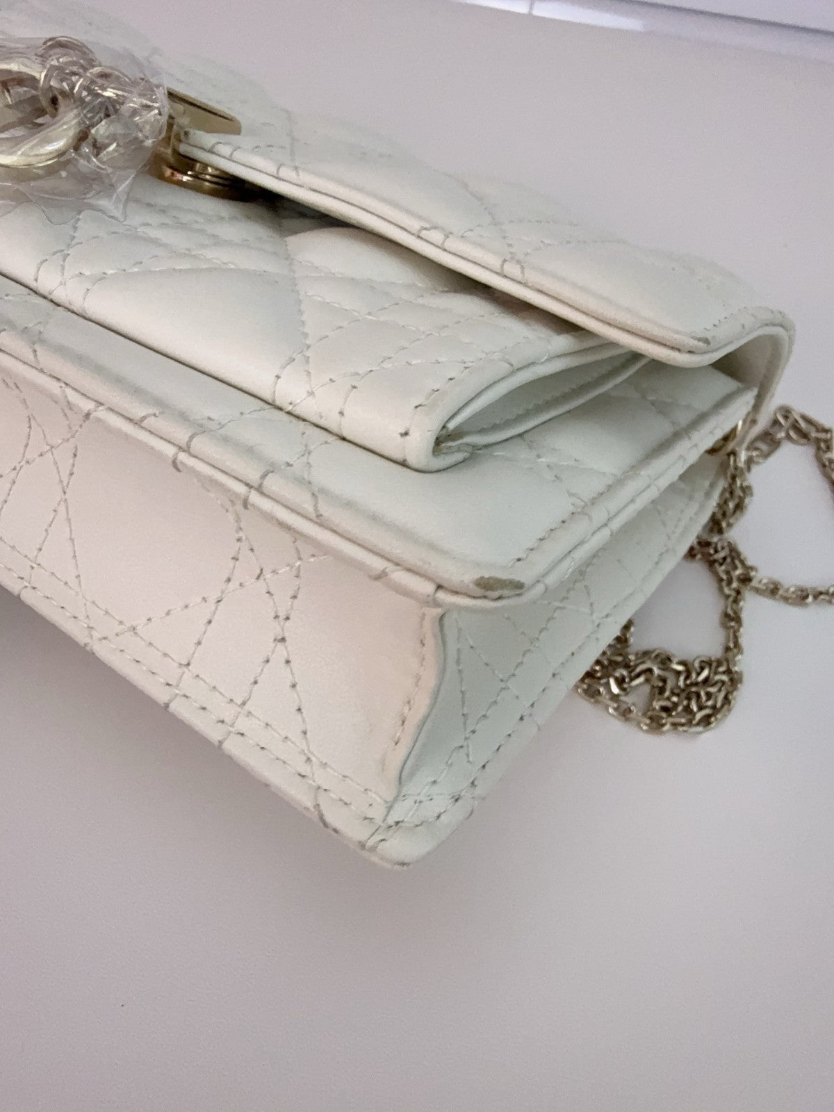 Christian Dior Woc Lambskin Wicker check pattern Chain Shoulder bag White Gold