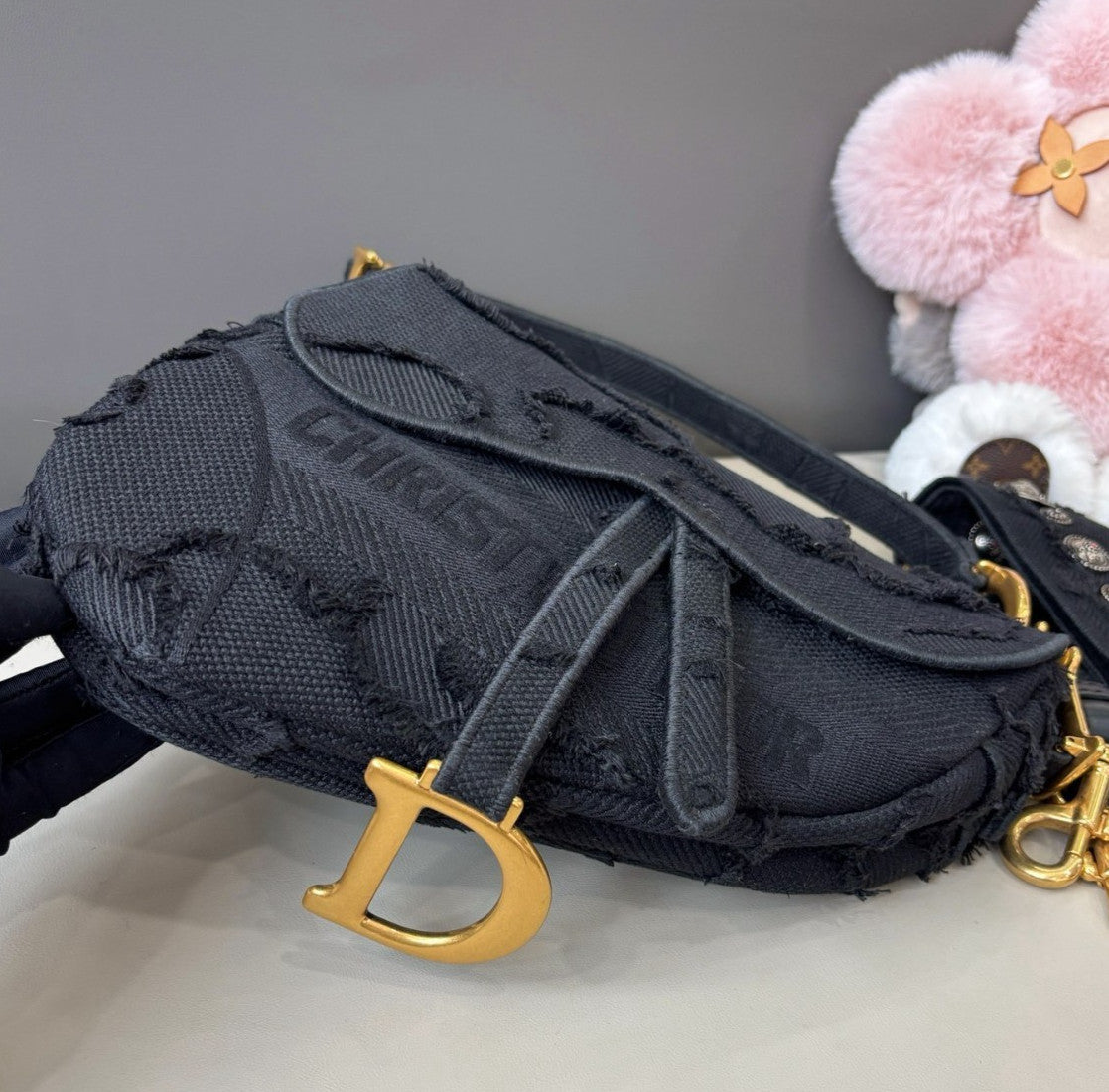 Christian Dior Saddle MM Canvas Top Handle Shoulder Crossbody Black Gold Women